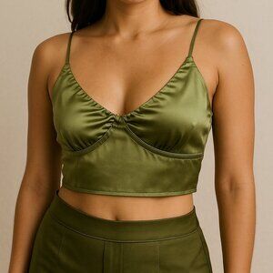 Cider Green Satin Corset Crop Top Size Medium Adjustable Lace Up Back